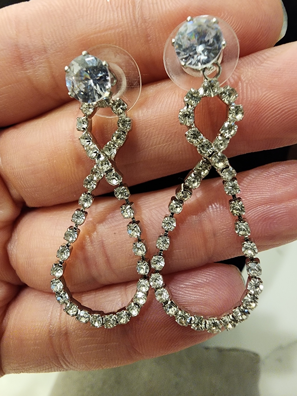 Crystal Teardrop Infinity Loop Dangle Earrings - Silver Tone